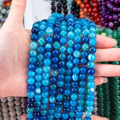 Agate à rayures bleues à perles lâches, pierre semi-précieuse pour faire des bijoux.