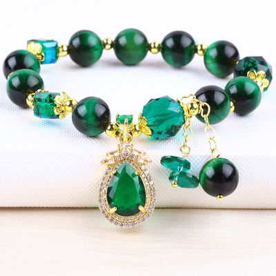 Bracelet vert naturel 10 mm pour les yeux de tigre avec plaque d'or de cuivre