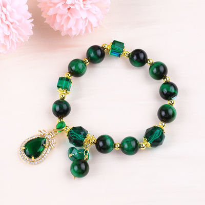 Bracelet vert naturel 10 mm pour les yeux de tigre avec plaque d'or de cuivre