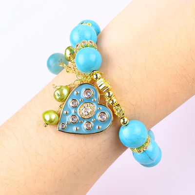 12 mm Bracelet bleu turquoise cristallin Bracelet éclair de cœur étirement charme