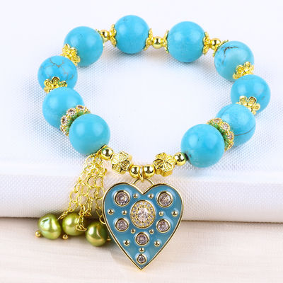 12 mm Bracelet bleu turquoise cristallin Bracelet éclair de cœur étirement charme