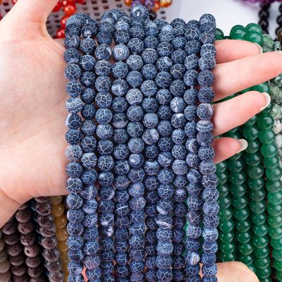 Agate bleu foncé météorologique Franges de perles lâches de pierre semi-précieuse Matt Frosted Agate fissuré pour la fabrication de bijoux bricolage