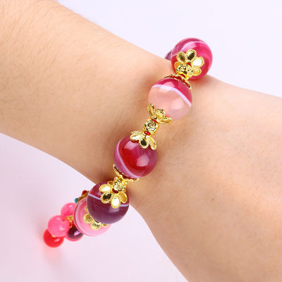Bracelet en pierre d'agate rose de 14 mm avec sculpture de renard à neuf queues violette