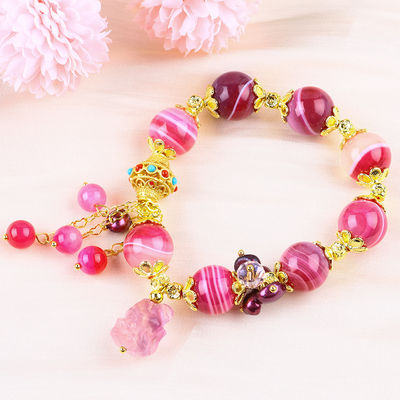 Bracelet en pierre d'agate rose de 14 mm avec sculpture de renard à neuf queues violette