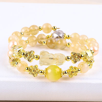 Bracelet en cristal de citrine jaune de 8 mm avec sculpture de chien