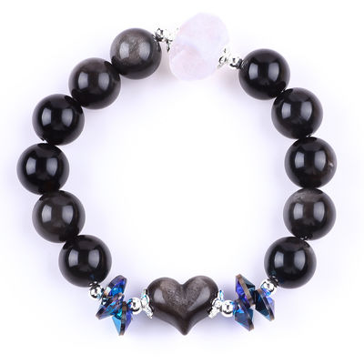 Bracelet à perles en pierre précieuse faite à la main argent naturel brillant Obsidian Bracelet en pierre à cœur réglable Bracelet pour fête