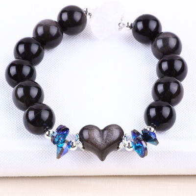 Bracelet à perles en pierre précieuse faite à la main argent naturel brillant Obsidian Bracelet en pierre à cœur réglable Bracelet pour fête