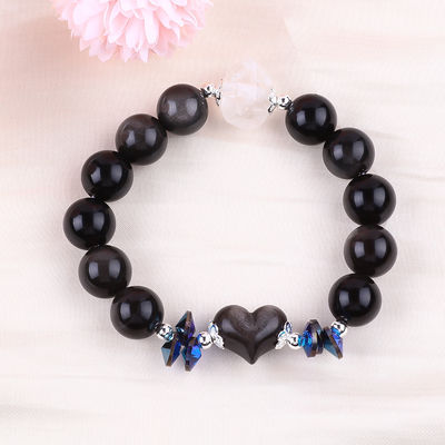 Bracelet à perles en pierre précieuse faite à la main argent naturel brillant Obsidian Bracelet en pierre à cœur réglable Bracelet pour fête