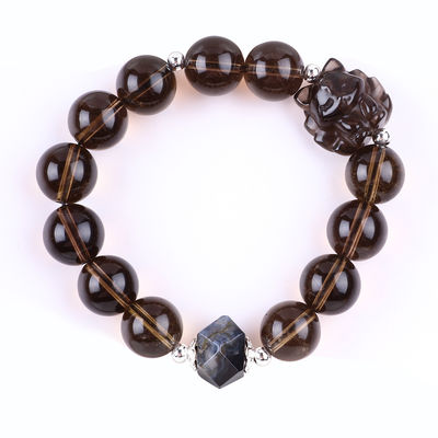 14 mm de perles de quartz fumé de cristal de perles de bracelet avec neuf queue de renard sculpture