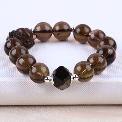 14 mm de perles de quartz fumé de cristal de perles de bracelet avec neuf queue de renard sculpture