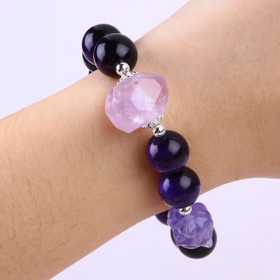14 mm de perles de quartz fumé de cristal de perles de bracelet avec neuf queue de renard sculpture