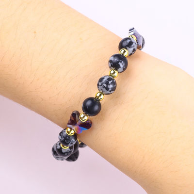 8 mm de pierre naturelle de guérison, flocon de neige, obsidienne avec un bracelet en perles de papillon violet.