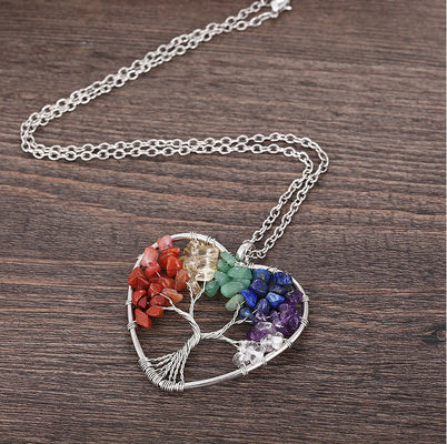 Méditation Arbre de vie en forme de cœur Chakra Collier en pierre de cristal Taille réglable