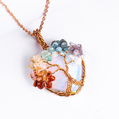 Rose or guérisseur de pierre de cristal 7 chakra arbre de vie pendentif