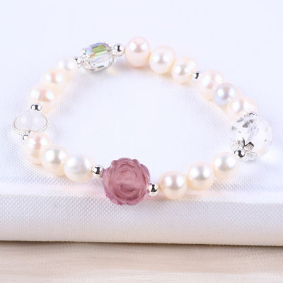 Bracelet de perle d'eau douce naturelle élastique avec fleur de fleur de rose de fluorite violette