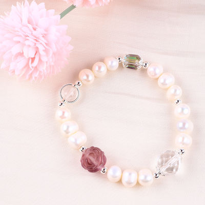 Bracelet de perle d'eau douce naturelle élastique avec fleur de fleur de rose de fluorite violette