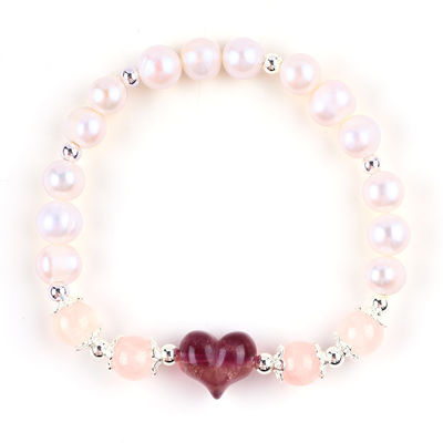 8 mm Perle d'eau douce rose Bracelet à étirement Carreaux en cristal de cœur