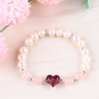 8 mm Perle d'eau douce rose Bracelet à étirement Carreaux en cristal de cœur