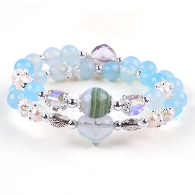 8 mm multifacé agate bleu, forme ronde, perle et perle d'eau douce blanche