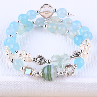 8 mm multifacé agate bleu, forme ronde, perle et perle d'eau douce blanche