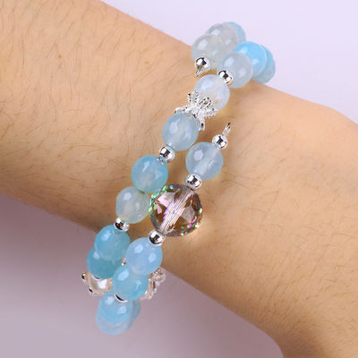 8 mm multifacé agate bleu, forme ronde, perle et perle d'eau douce blanche