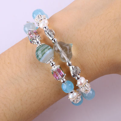 8 mm multifacé agate bleu, forme ronde, perle et perle d'eau douce blanche