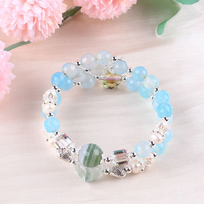 8 mm multifacé agate bleu, forme ronde, perle et perle d'eau douce blanche