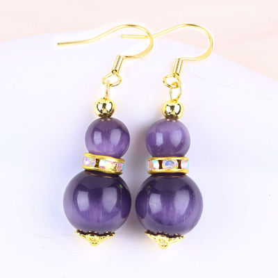 Pourpre œil de chat pierre précieuse boucles d'oreilles Dangle 8MM 10MM Perle