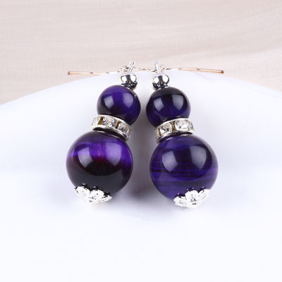 Boucles d'oreilles en pierre de cristal faites à la main Oeil de tigre violet Boucles d'oreilles en pendentif en perles en pierre précieuse