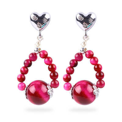 Boucles d'oreilles en pierre de cristal faites à la main Rose œil de tigre rouge pierre précieuse en perles Charmes de cœur Boucles d'oreilles pendantes