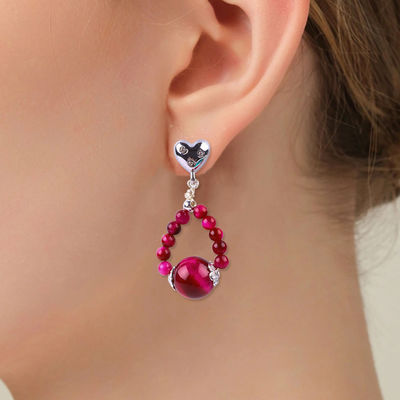 Boucles d'oreilles en pierre de cristal faites à la main Rose œil de tigre rouge pierre précieuse en perles Charmes de cœur Boucles d'oreilles pendantes