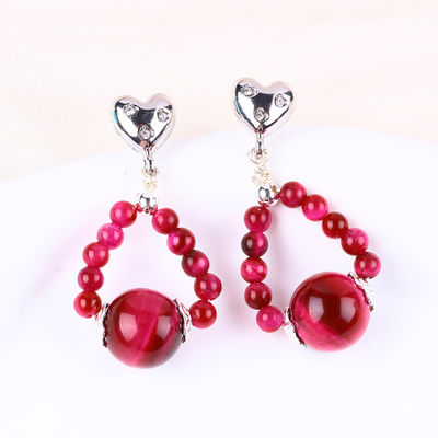 Boucles d'oreilles en pierre de cristal faites à la main Rose œil de tigre rouge pierre précieuse en perles Charmes de cœur Boucles d'oreilles pendantes
