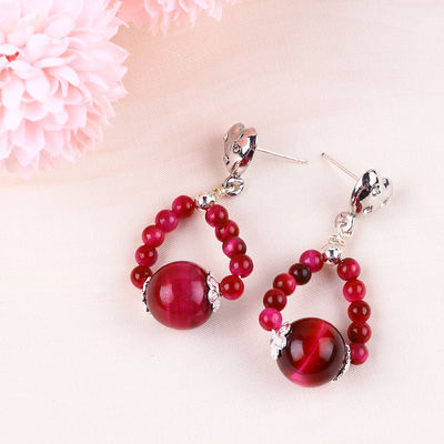Boucles d'oreilles en pierre de cristal faites à la main Rose œil de tigre rouge pierre précieuse en perles Charmes de cœur Boucles d'oreilles pendantes