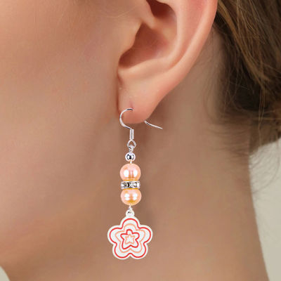 8 mm Perles Rose Perles d'eau douce Dangle Crochet Boucles d'oreilles Fleur Charme
