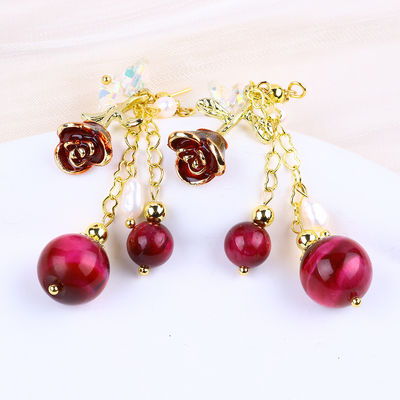 10MM 8MM Rose Rouge oeil de tigre cristal et perle blanche avec fleur de rose pendentif longue boucle d'oreille pour la fête et le port quotidien