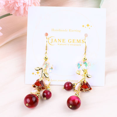 10MM 8MM Rose Rouge oeil de tigre cristal et perle blanche avec fleur de rose pendentif longue boucle d'oreille pour la fête et le port quotidien