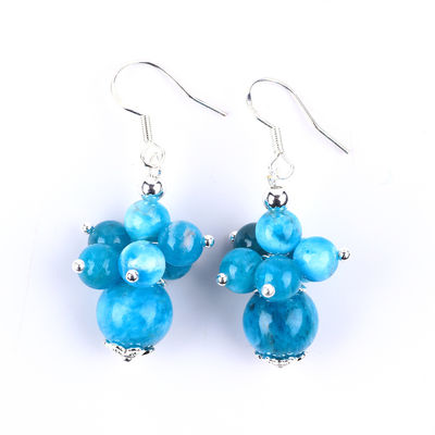 Pierre précieuse Apatite Deinté cuivre Plaqué en argent Pierre cristalline naturelle Dangle courte Boucle d'oreille en perles de fleurs