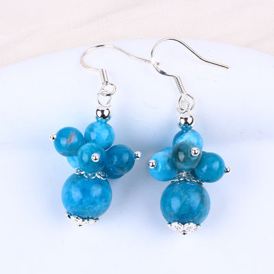 Pierre précieuse Apatite Deinté cuivre Plaqué en argent Pierre cristalline naturelle Dangle courte Boucle d'oreille en perles de fleurs