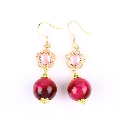 14MM Rose Rouge Tiger Eye Avec Fleur Rose Charme Forme Ronde Boucle d'oreille courte Pour cadeau de fête