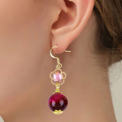 14MM Rose Rouge Tiger Eye Avec Fleur Rose Charme Forme Ronde Boucle d'oreille courte Pour cadeau de fête