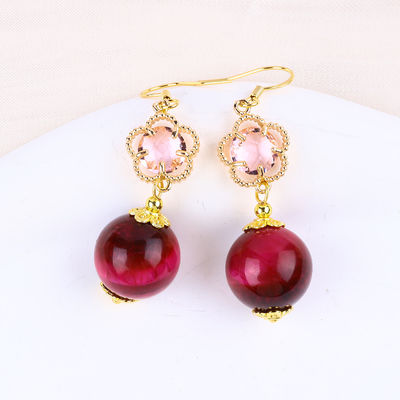 14MM Rose Rouge Tiger Eye Avec Fleur Rose Charme Forme Ronde Boucle d'oreille courte Pour cadeau de fête