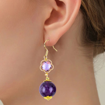 Améthyste fait à la main cristal naturel 14MM Grand forme ronde perlé courte boucle d'oreille pour cadeau de bijoux