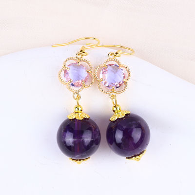 Améthyste fait à la main cristal naturel 14MM Grand forme ronde perlé courte boucle d'oreille pour cadeau de bijoux
