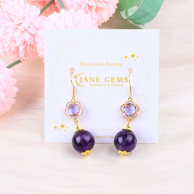 Améthyste fait à la main cristal naturel 14MM Grand forme ronde perlé courte boucle d'oreille pour cadeau de bijoux