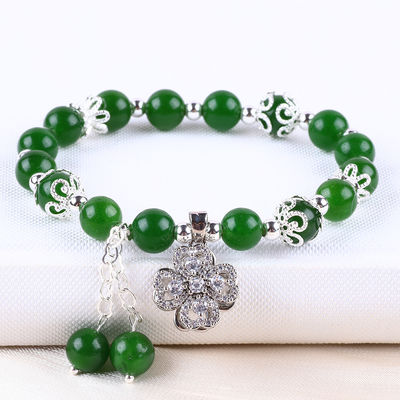 8 mm de pierre de jade verte plus foncée avec spinner charme de fleur guérison spirituelle forme ronde bracelet à perles