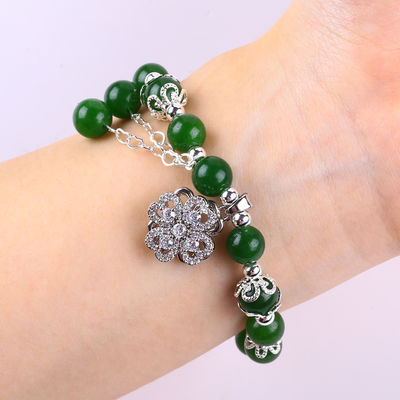 8 mm de pierre de jade verte plus foncée avec spinner charme de fleur guérison spirituelle forme ronde bracelet à perles