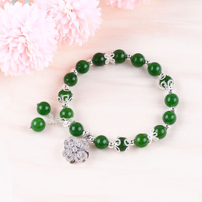 8 mm de pierre de jade verte plus foncée avec spinner charme de fleur guérison spirituelle forme ronde bracelet à perles