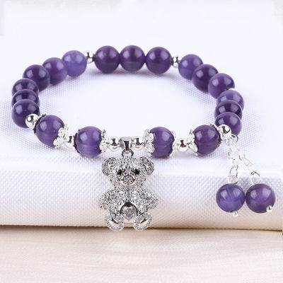 Jeu de pierre précieuse pourpre œil de chat avec ours en forme ronde faite à la main bracelet à perles pour cadeau de bijoux