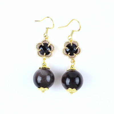 Boucles d'oreilles en pierre de cristal faites à la main argent brillant obsidienne pierre précieuse perlé pendentif boucles d'oreilles de pierre de cristal guérisseur boucles d'oreilles