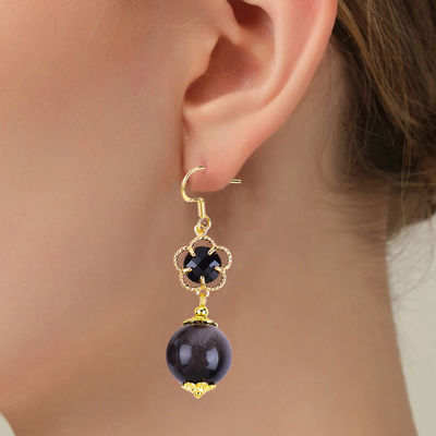Boucles d'oreilles en pierre de cristal faites à la main argent brillant obsidienne pierre précieuse perlé pendentif boucles d'oreilles de pierre de cristal guérisseur boucles d'oreilles